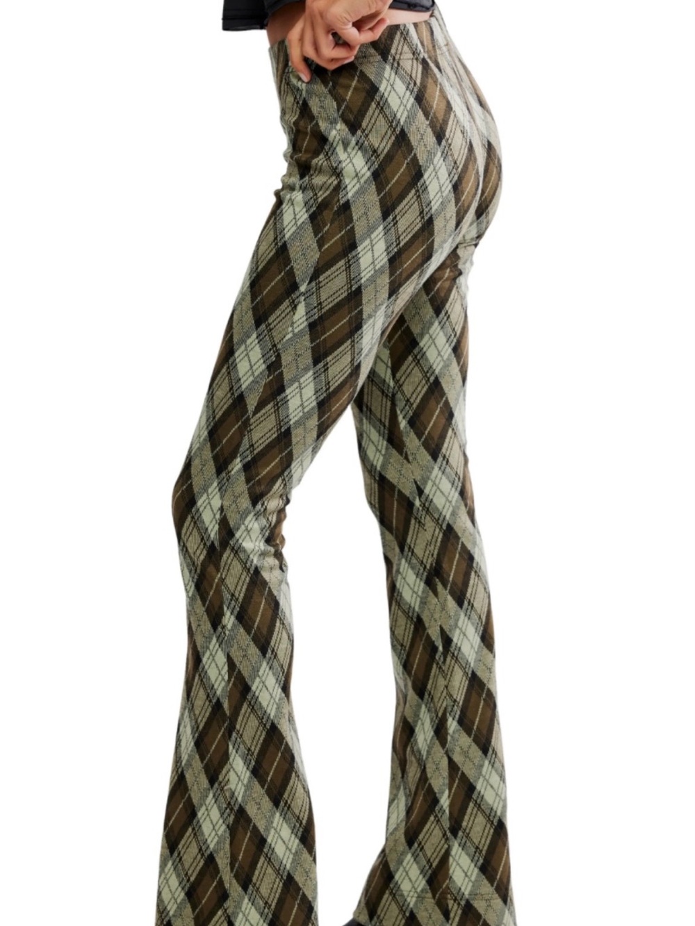 Free People Olive and Cream Plaid Flare Pants